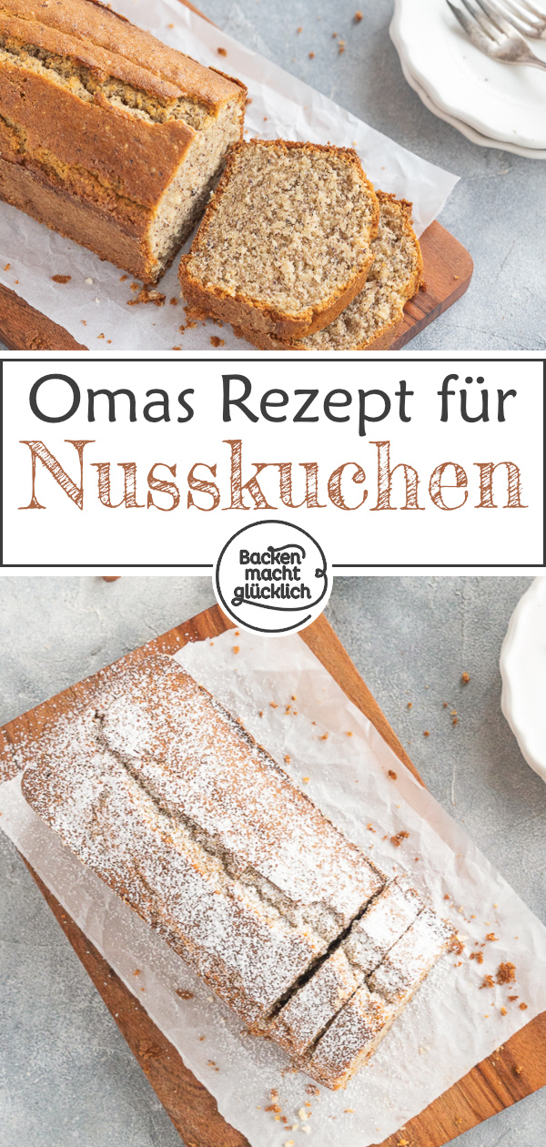 Omas einfaches Rezept für einen saftigen, flaumigen Haselnusskuchen. Aus gutem Grund ist der Nusskuchen ein so beliebter Klassiker!