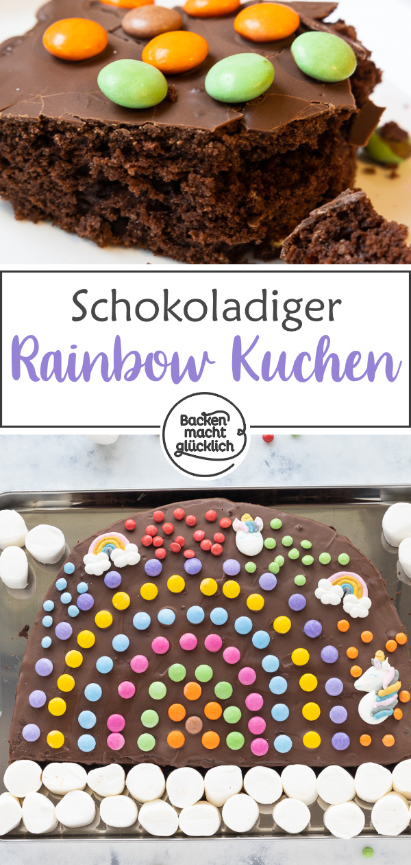 Einfacher, schneller Schoko-Regenbogenkuchen: saftig & lecker. Perfekt für den nächsten Kindergeburtstag.