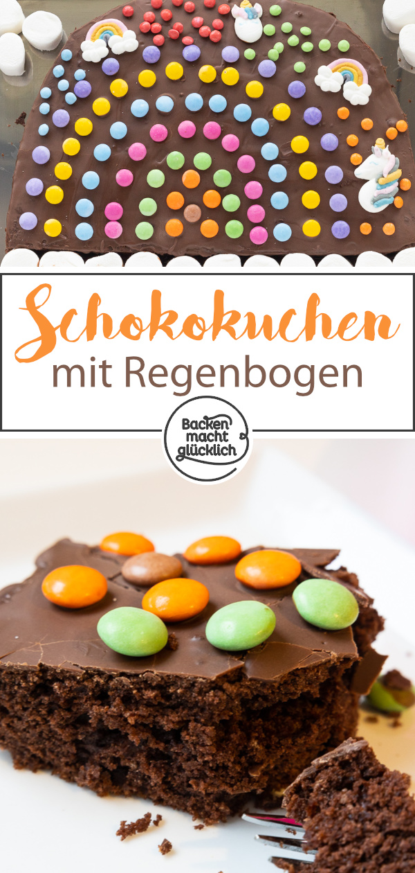 Einfacher, schneller Schoko-Regenbogenkuchen: saftig & lecker. Perfekt für den nächsten Kindergeburtstag.