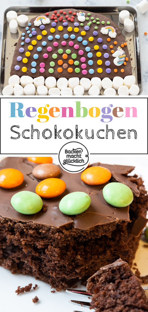 Einfacher, schneller Schoko-Regenbogenkuchen: saftig & lecker. Perfekt für den nächsten Kindergeburtstag.