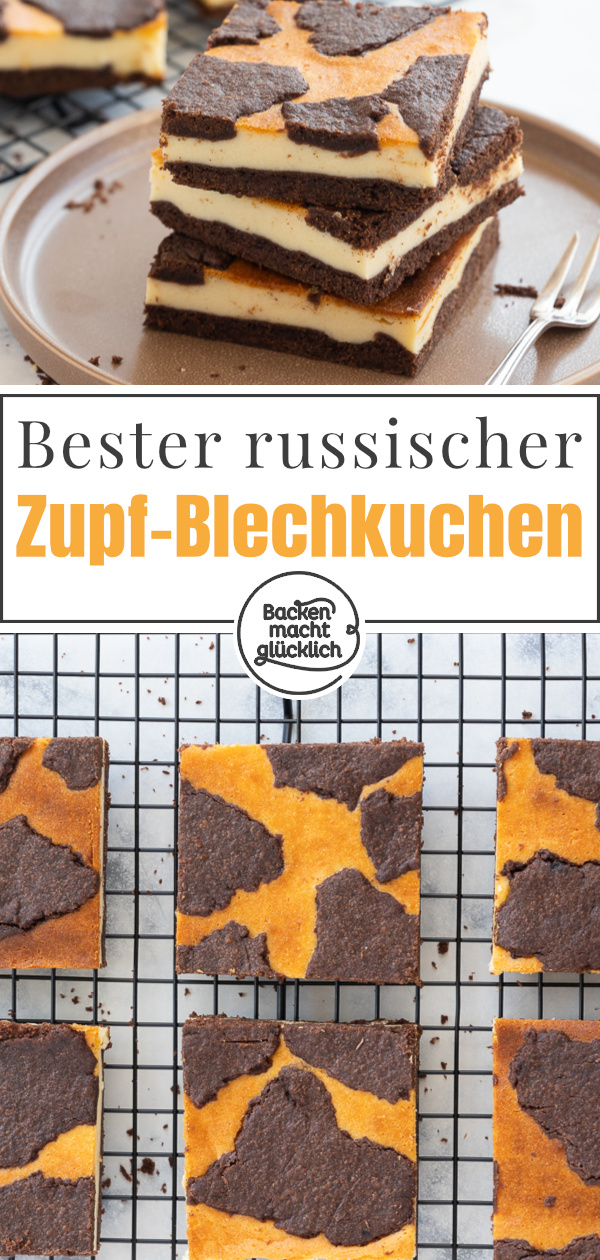 Einfacher Russischer Zupfkuchen vom Blech. Die Kombi aus Käsekuchen & Schokoteig schmeckt köstlich.