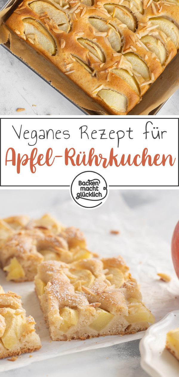 Dieser einfache vegane Apfelkuchen vom Blech ohne Ei, Butter und Milch schmeckt herrlich. Der Rührkuchen mit Äpfeln ist einfach, saftig, schnell.