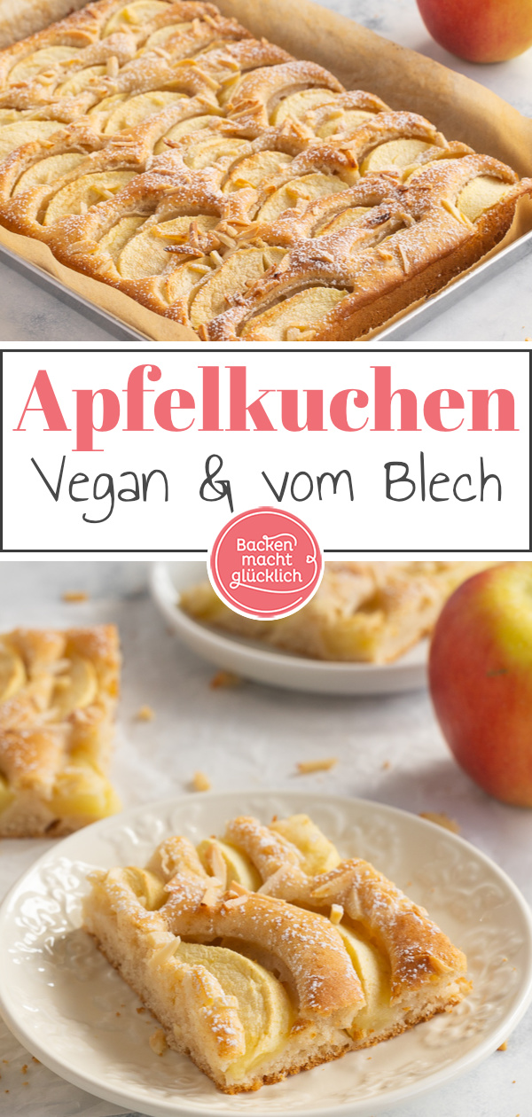 Dieser einfache vegane Apfelkuchen vom Blech ohne Ei, Butter und Milch schmeckt herrlich. Der Rührkuchen mit Äpfeln ist einfach, saftig, schnell.