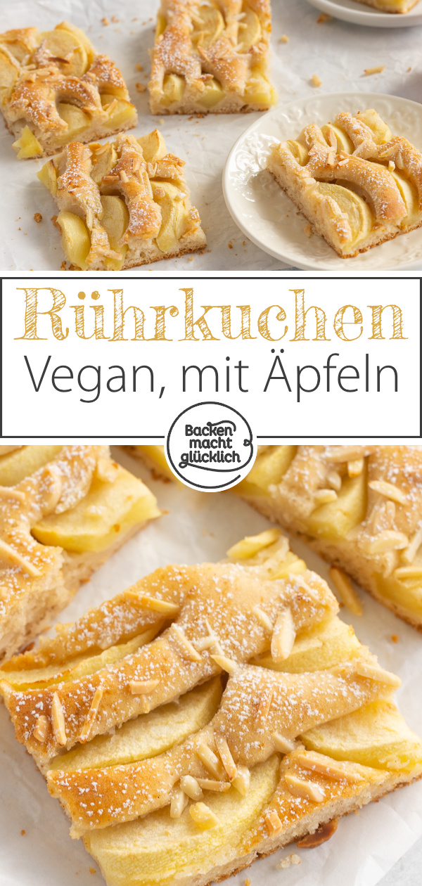 Dieser einfache vegane Apfelkuchen vom Blech ohne Ei, Butter und Milch schmeckt herrlich. Der Rührkuchen mit Äpfeln ist einfach, saftig, schnell.