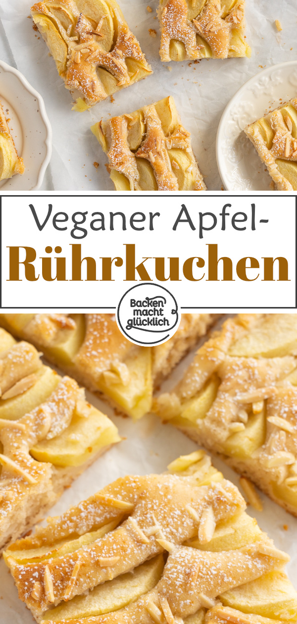 Dieser einfache vegane Apfelkuchen vom Blech ohne Ei, Butter und Milch schmeckt herrlich. Der Rührkuchen mit Äpfeln ist einfach, saftig, schnell.