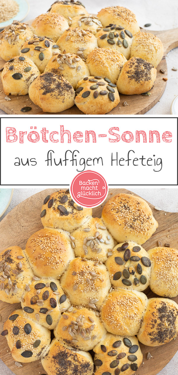 Geniales Rezept für eine einfache Brötchensonne: Toll als bunte Partysonne oder zum Frühstück mit Über-Nacht-Gare ♥ Gleich testen!