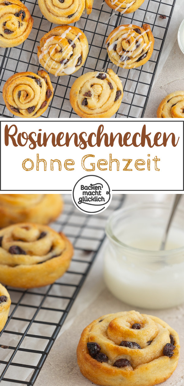 Saftige und fluffige Schnecken mit Rosinenfüllung, die durch Quark-Öl-Teig ganz ohne Gehzeit  direkt gebacken werden können