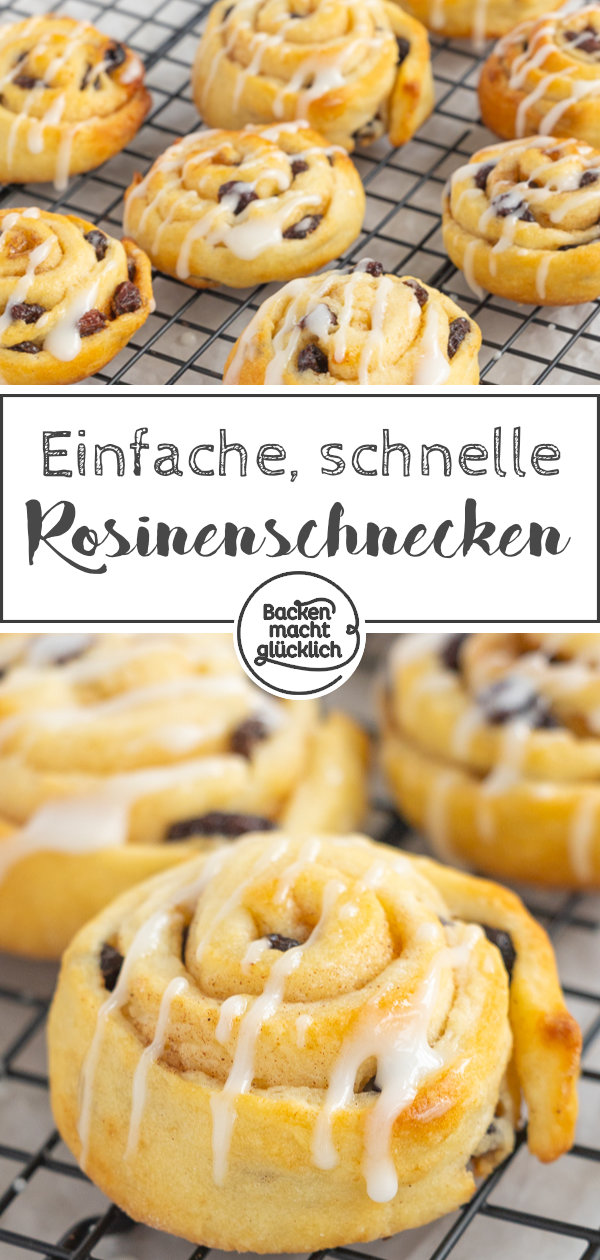 Saftige und fluffige Schnecken mit Rosinenfüllung, die durch Quark-Öl-Teig ganz ohne Gehzeit  direkt gebacken werden können