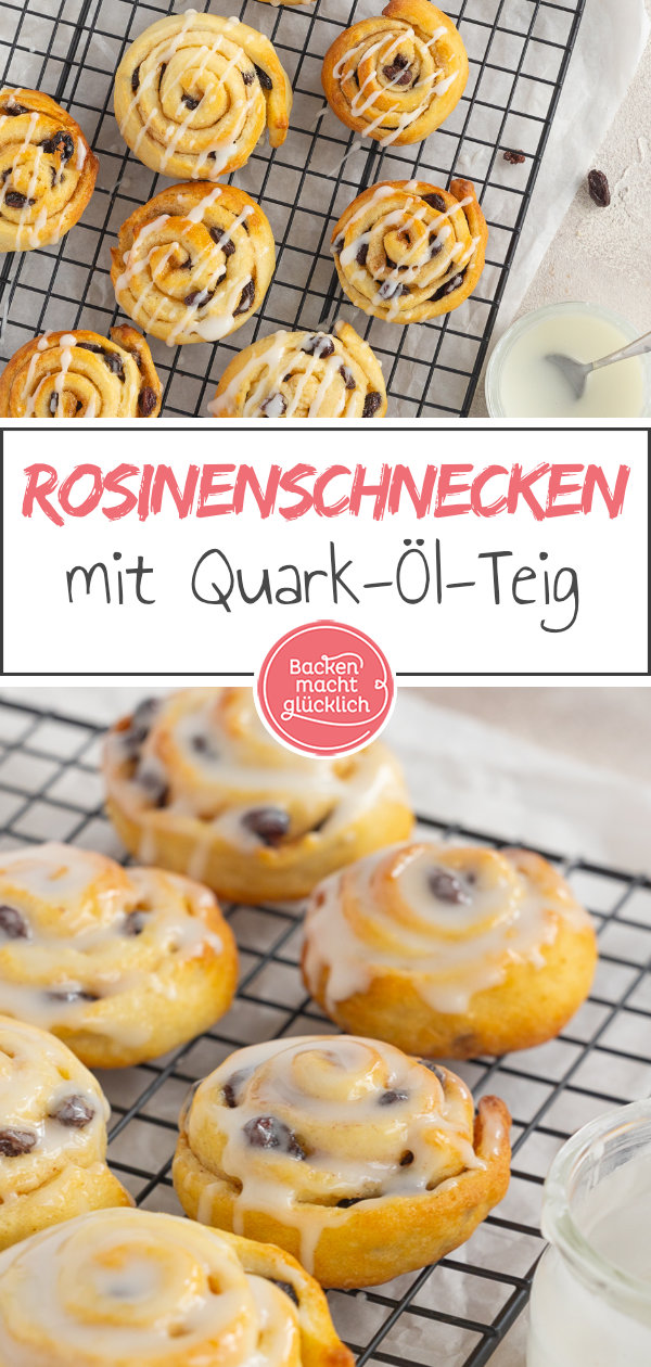 Saftige und fluffige Schnecken mit Rosinenfüllung, die durch Quark-Öl-Teig ganz ohne Gehzeit  direkt gebacken werden können