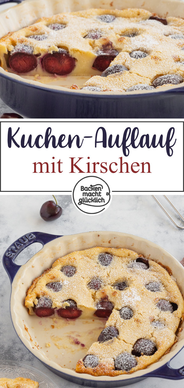 Original französischer Clafoutis mit Kirschen. Köstliche Süßspeise, die an eine Mischung aus Kuchen, Auflauf, & Pudding erinnert.