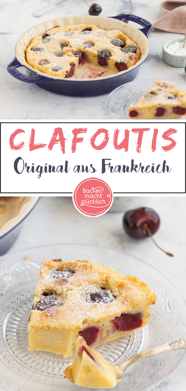 Original französischer Clafoutis mit Kirschen. Köstliche Süßspeise, die an eine Mischung aus Kuchen, Auflauf, & Pudding erinnert.