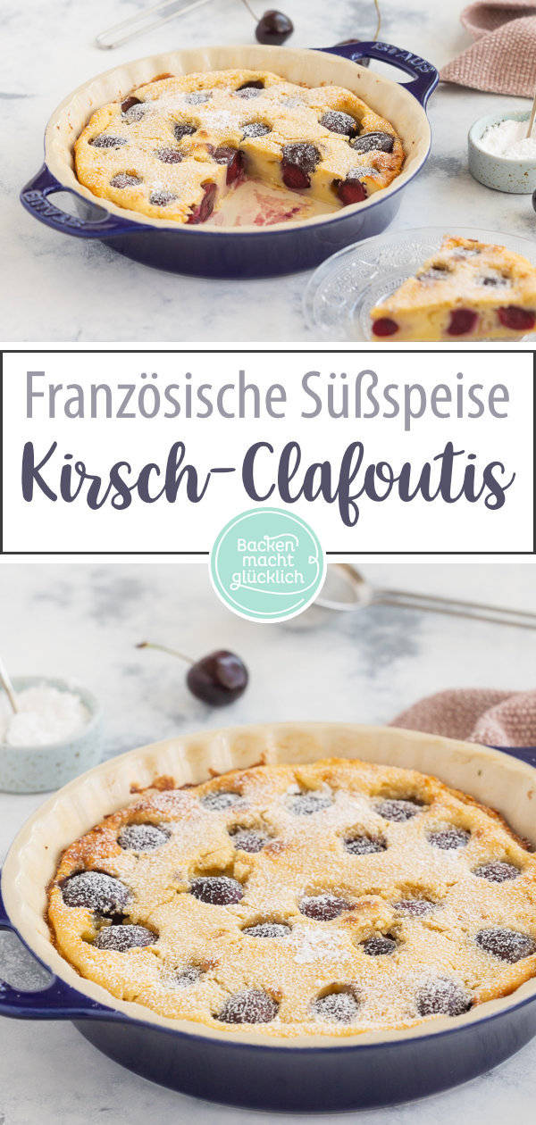 Original französischer Clafoutis mit Kirschen. Köstliche Süßspeise, die an eine Mischung aus Kuchen, Auflauf, & Pudding erinnert.