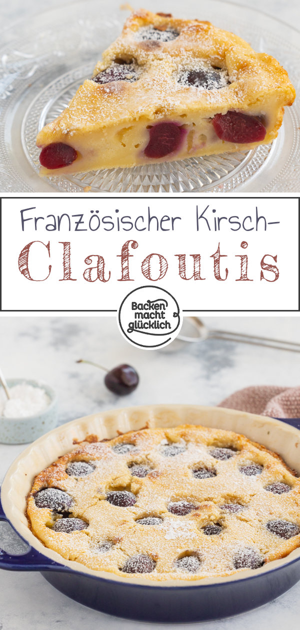 Original französischer Clafoutis mit Kirschen. Köstliche Süßspeise, die an eine Mischung aus Kuchen, Auflauf, & Pudding erinnert.