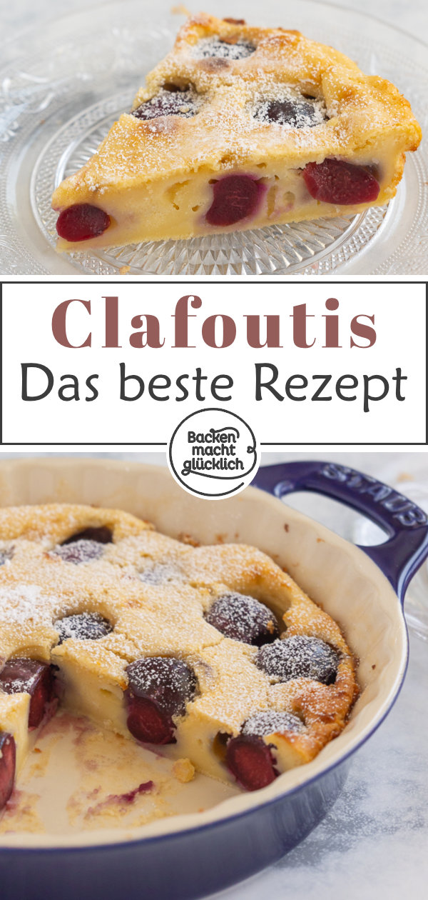 Original französischer Clafoutis mit Kirschen. Köstliche Süßspeise, die an eine Mischung aus Kuchen, Auflauf, & Pudding erinnert.