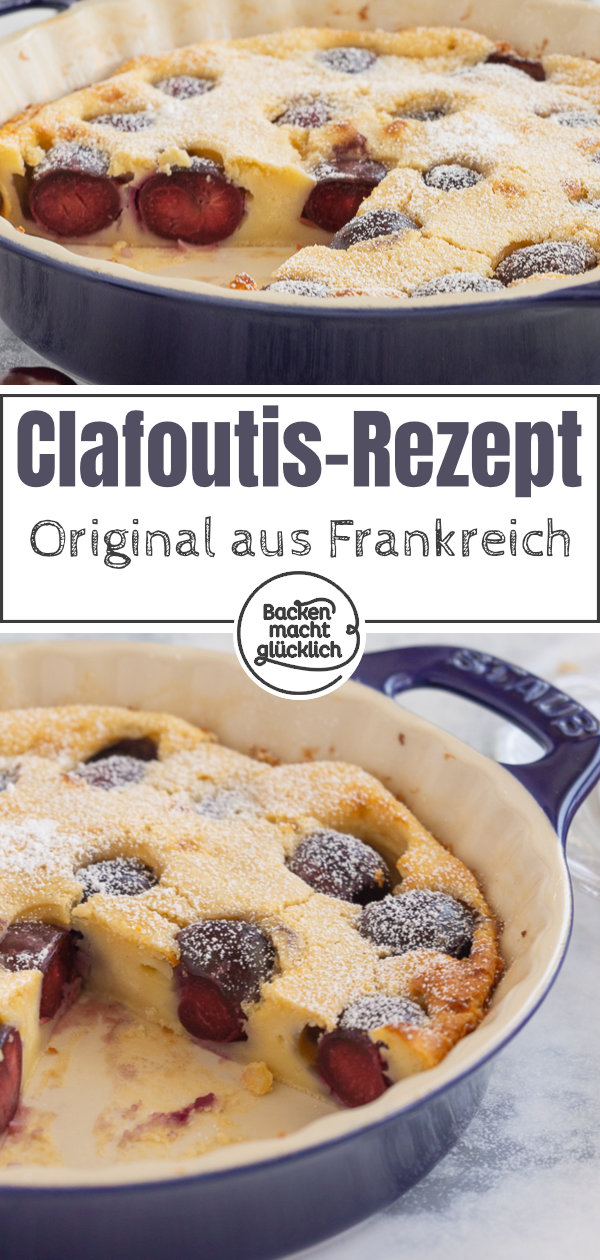 Original französischer Clafoutis mit Kirschen. Köstliche Süßspeise, die an eine Mischung aus Kuchen, Auflauf, & Pudding erinnert.