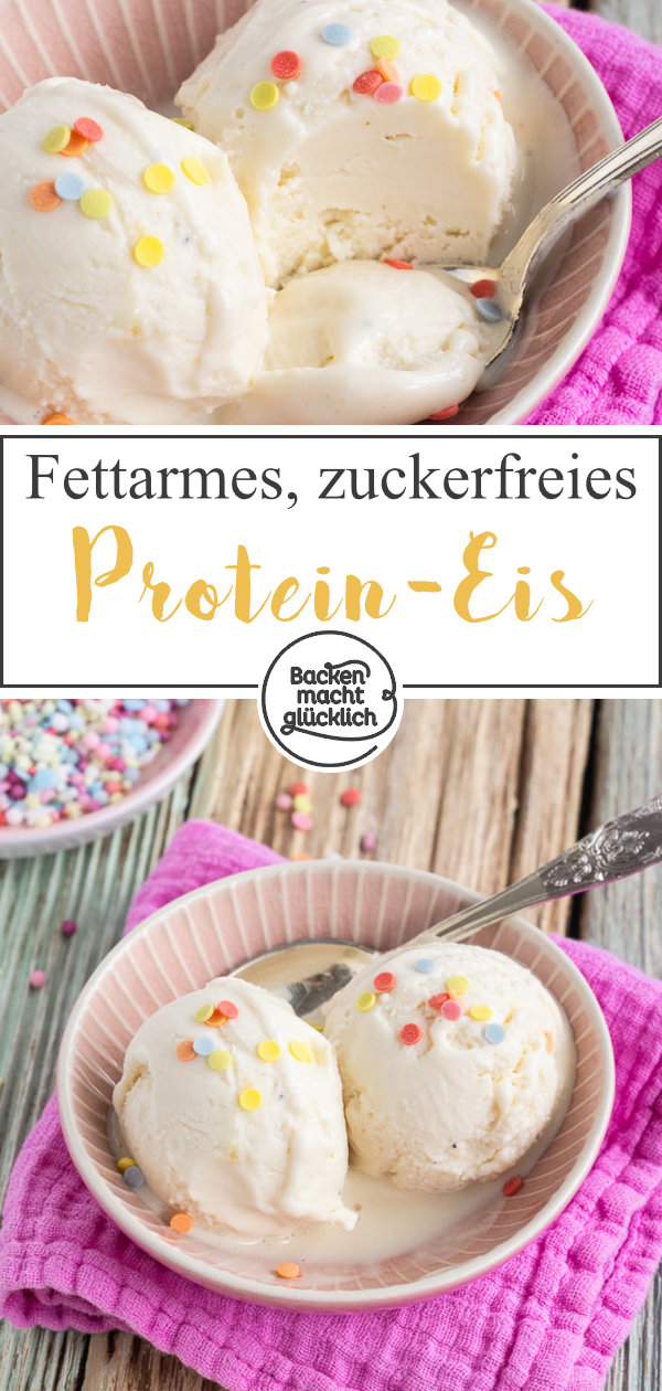 Geniales selbstgemachtes Protein-Eis mit Quark. Dieses Proteineis wird ohne Zucker gemacht, ist fettarm, low carb, kalorienarm. 25g Protein pro Portion.