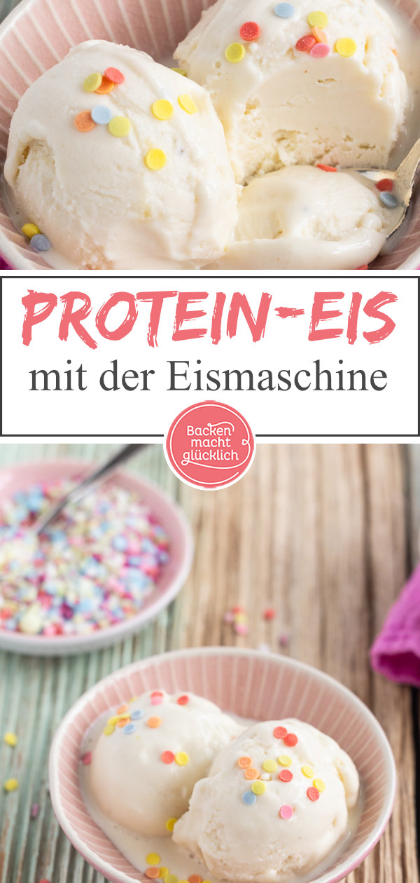 Geniales selbstgemachtes Protein-Eis mit Quark. Dieses Proteineis wird ohne Zucker gemacht, ist fettarm, low carb, kalorienarm. 25g Protein pro Portion.