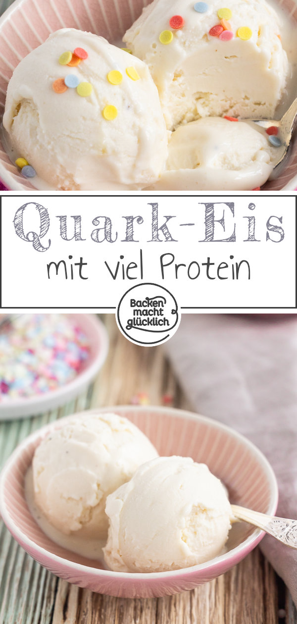 Geniales selbstgemachtes Protein-Eis mit Quark. Dieses Proteineis wird ohne Zucker gemacht, ist fettarm, low carb, kalorienarm. 25g Protein pro Portion.