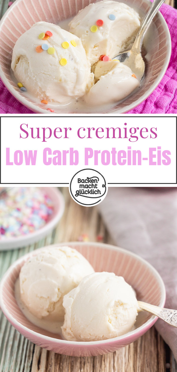 Geniales selbstgemachtes Protein-Eis mit Quark. Dieses Proteineis wird ohne Zucker gemacht, ist fettarm, low carb, kalorienarm. 25g Protein pro Portion.