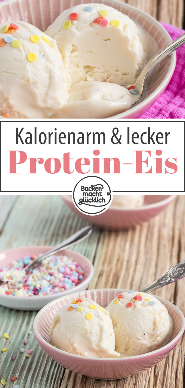 Geniales selbstgemachtes Protein-Eis mit Quark. Dieses Proteineis wird ohne Zucker gemacht, ist fettarm, low carb, kalorienarm. 25g Protein pro Portion.