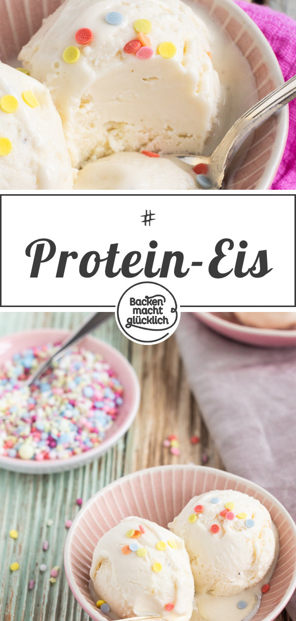 Geniales selbstgemachtes Protein-Eis mit Quark. Dieses Proteineis wird ohne Zucker gemacht, ist fettarm, low carb, kalorienarm. 25g Protein pro Portion.