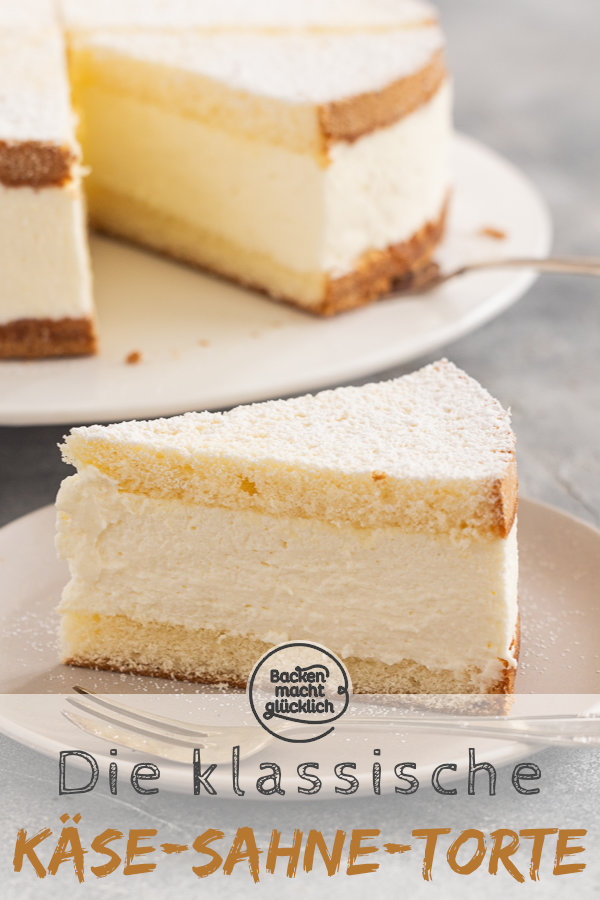 Die beste Käse-Sahne-Torte mit fluffigem Biskuit und sahniger Quarkcreme. Seit Generationen ein echter Klassiker ♥