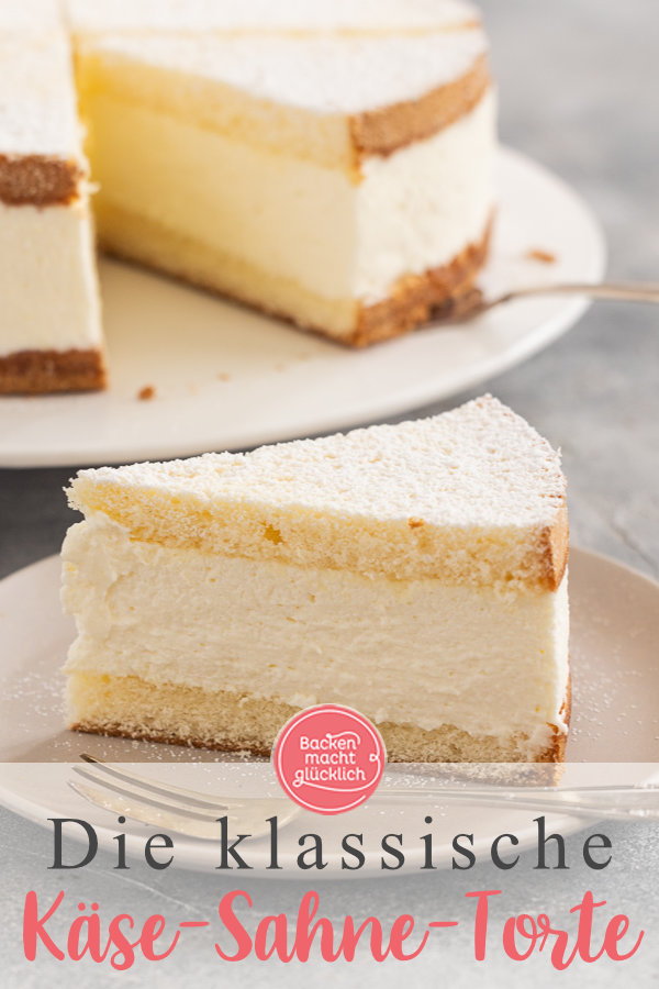 Die beste Käse-Sahne-Torte mit fluffigem Biskuit und sahniger Quarkcreme. Seit Generationen ein echter Klassiker ♥