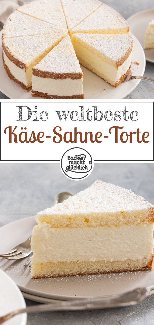 Die beste Käse-Sahne-Torte mit fluffigem Biskuit und sahniger Quarkcreme. Seit Generationen ein echter Klassiker ♥