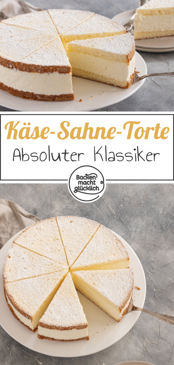 Die beste Käse-Sahne-Torte mit fluffigem Biskuit und sahniger Quarkcreme. Seit Generationen ein echter Klassiker ♥