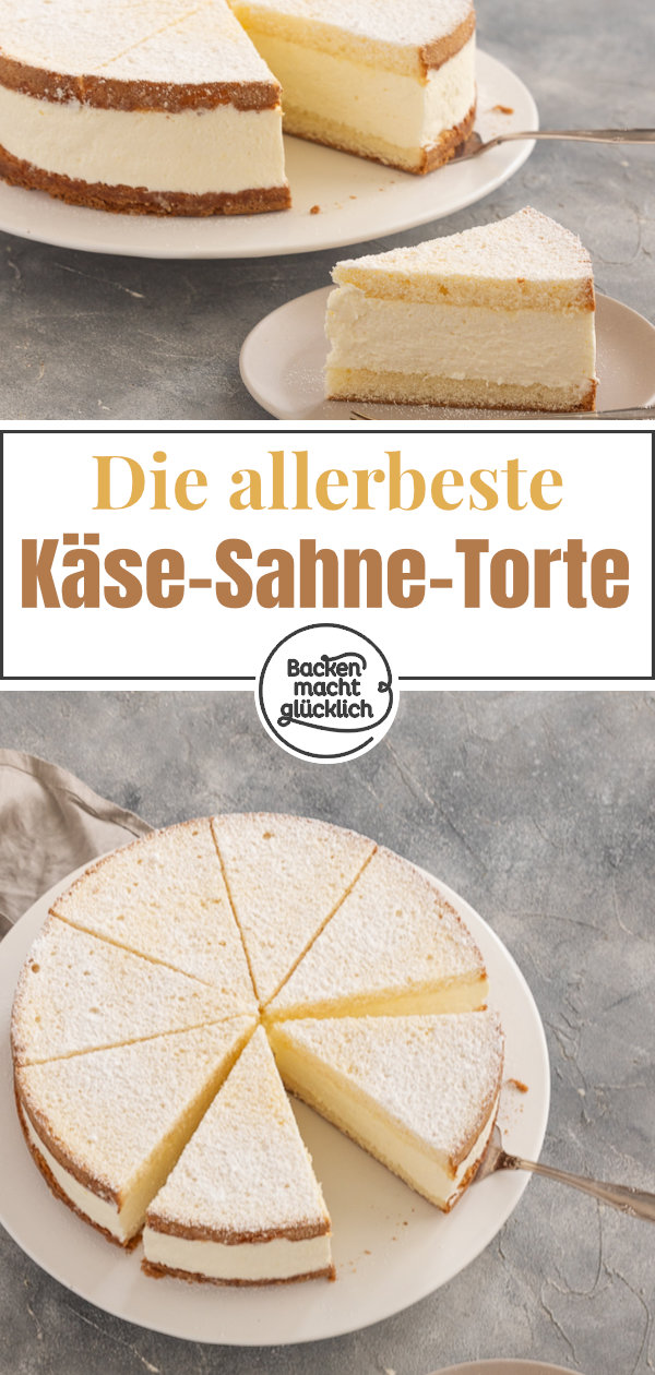 Die beste Käse-Sahne-Torte mit fluffigem Biskuit und sahniger Quarkcreme. Seit Generationen ein echter Klassiker ♥