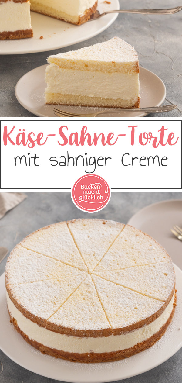 Die beste Käse-Sahne-Torte mit fluffigem Biskuit und sahniger Quarkcreme. Seit Generationen ein echter Klassiker ♥