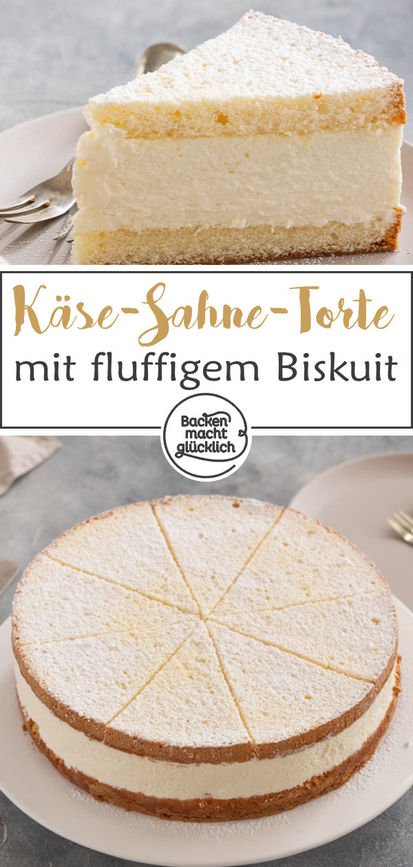 Die beste Käse-Sahne-Torte mit fluffigem Biskuit und sahniger Quarkcreme. Seit Generationen ein echter Klassiker ♥