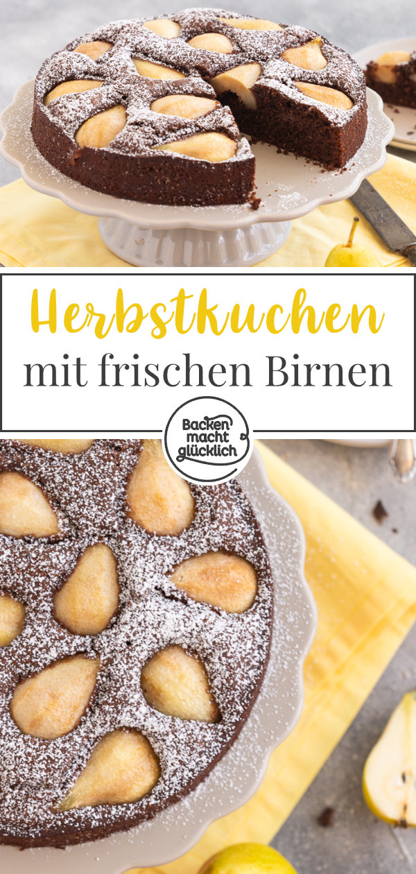 Einfacher saftiger Schoko-Birnenkuchen. Ein Herbst-Highlight! Schmeckt als Schokokuchen mit frischen Birnen oder eingemachten