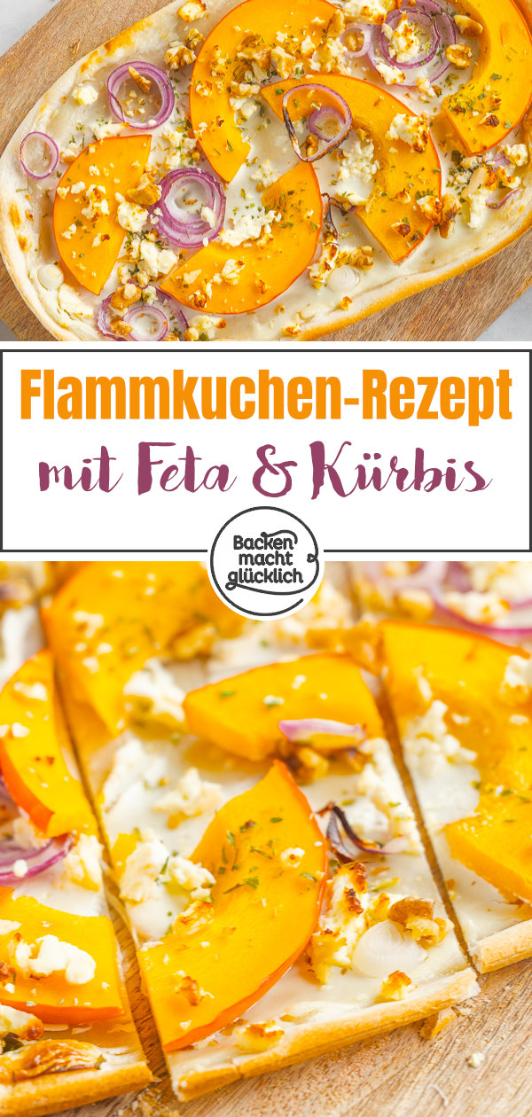 Herbstlicher Kürbis-Flammkuchen mit Feta. Vegetarisch, ohne Hefe, schnell gemacht & so lecker.