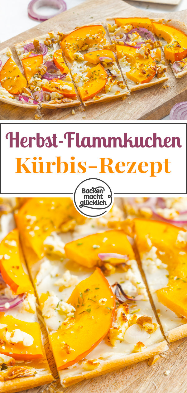 Herbstlicher Kürbis-Flammkuchen mit Feta. Vegetarisch, ohne Hefe, schnell gemacht & so lecker.