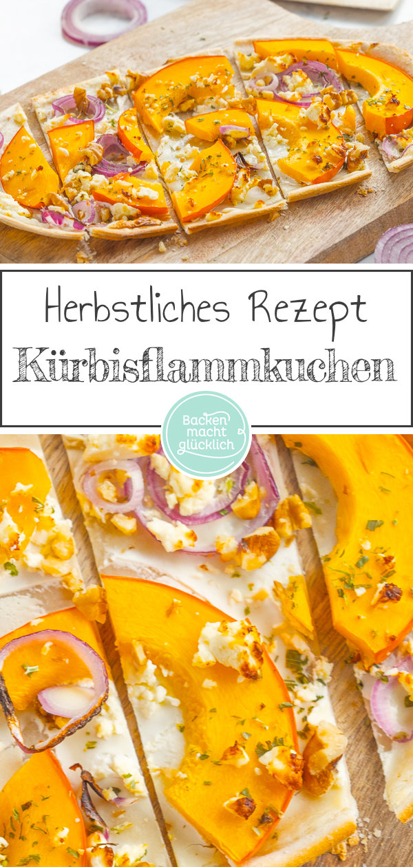 Herbstlicher Kürbis-Flammkuchen mit Feta. Vegetarisch, ohne Hefe, schnell gemacht & so lecker.