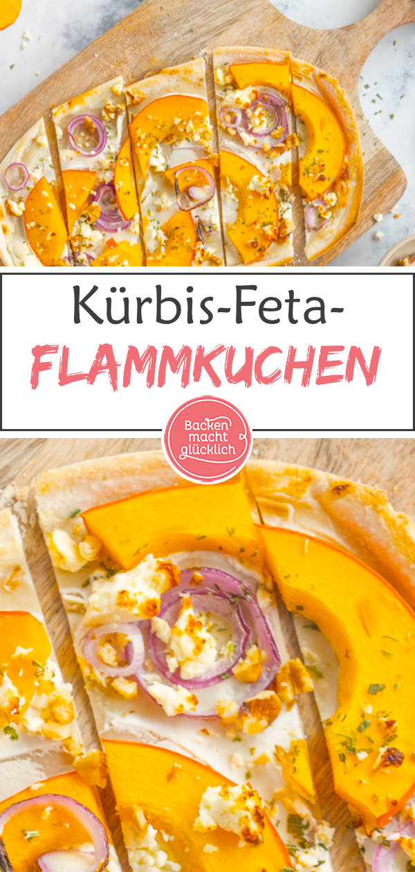 Herbstlicher Kürbis-Flammkuchen mit Feta. Vegetarisch, ohne Hefe, schnell gemacht & so lecker.