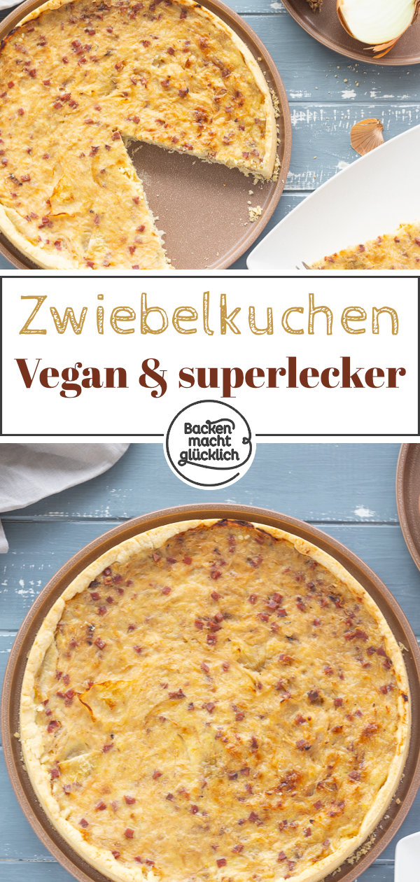 Genialer veganer Zwiebelkuchen mit Mürbeteig & ohne Tofu. Sieht aus und schmeckt wie das Original. Dieses Rezept müsst ihr testen!