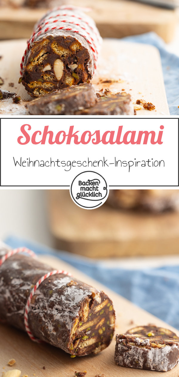 Diese süße Schokosalami ist unglaublich toll: super lecker, einfach zu machen & ein tolles Geschenk aus der Küche.