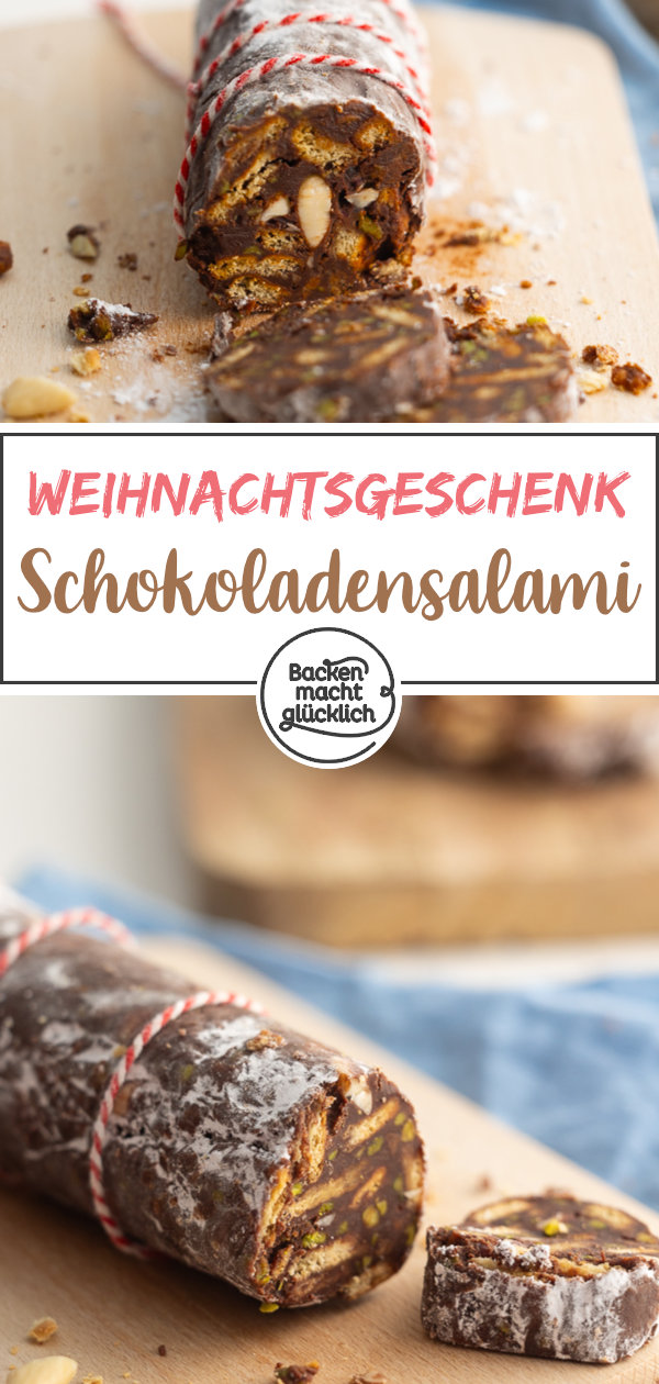 Diese süße Schokosalami ist unglaublich toll: super lecker, einfach zu machen & ein tolles Geschenk aus der Küche.