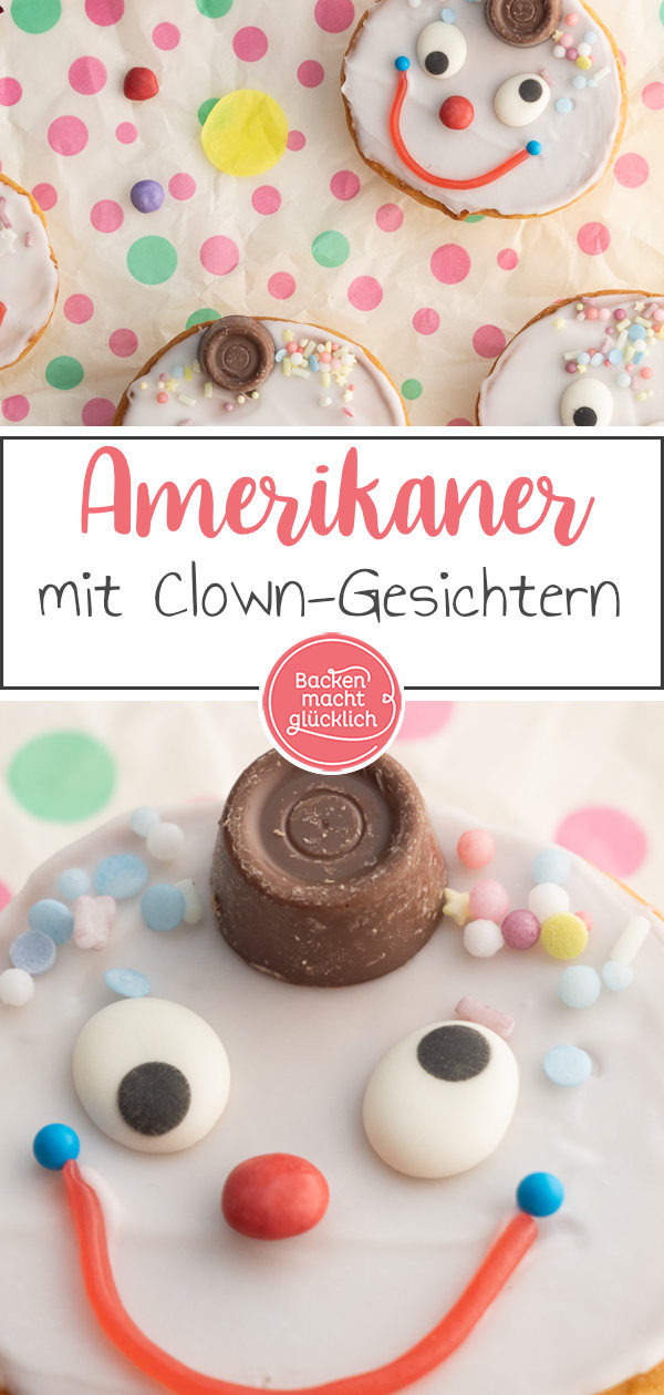 Kunterbunte Amerikaner-Clowns für Karneval. Das Kleingebäck mit Clown-Gesichtern sorgt garantiert für Gute Laune.