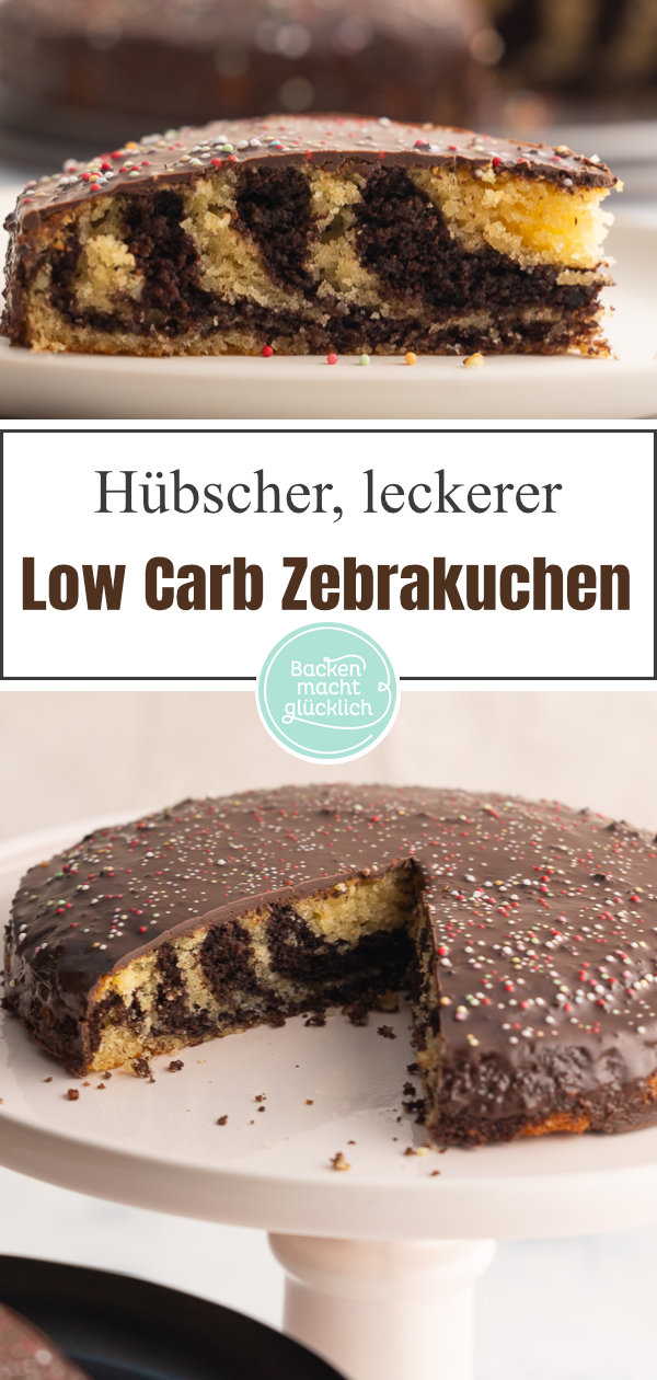 Einfacher Low Carb Zebrakuchen ohne Mehl und Zucker: Sieht super aus, wird saftig & lecker! Eine tolle Alternative zum Klassiker.