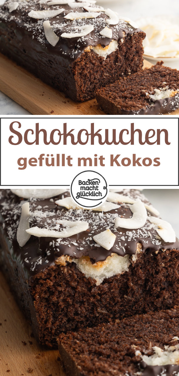 Einfacher Schoko-Kokos-Kuchen, der richtig was her macht: Der Schokokuchen mit Kokosfüllung ist saftig & besonders.