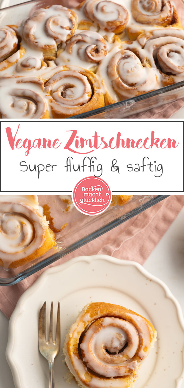 Fluffige, saftige vegane Zimtschnecken aus Hefeteig. Super lecker, einfach zu backen, ohne Ei, Butter und Milch.