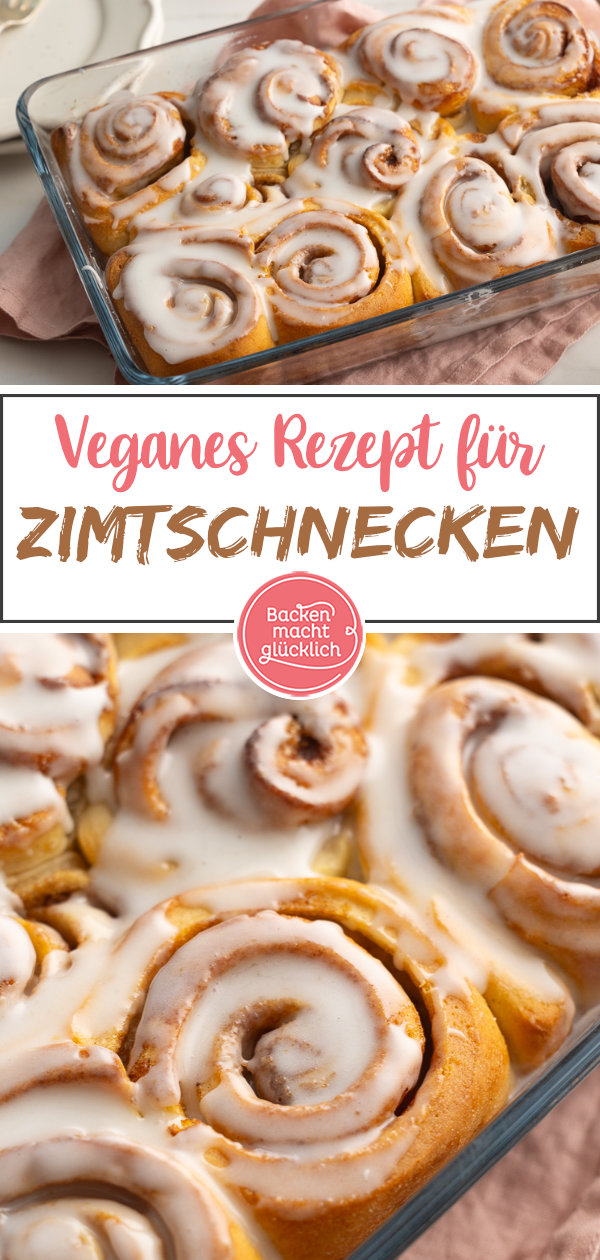 Fluffige, saftige vegane Zimtschnecken aus Hefeteig. Super lecker, einfach zu backen, ohne Ei, Butter und Milch.