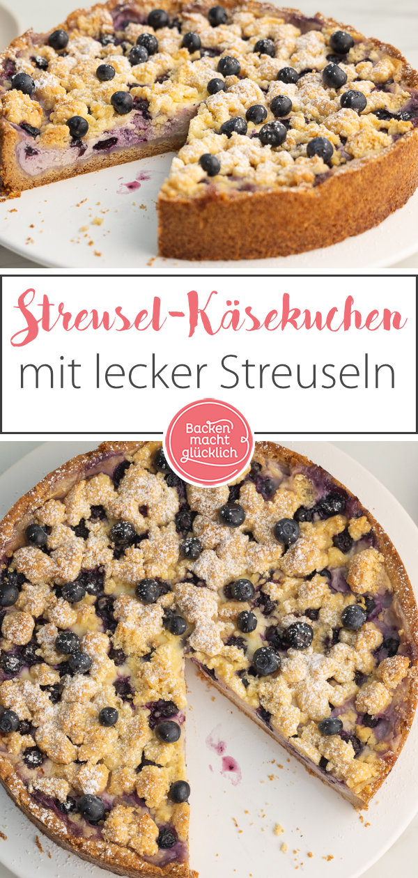 Sommerlicher Käsekuchen mit Blaubeeren bzw. Heidelbeeren: Kommt immer gut an! Nur ein Teig für Boden und Streusel.