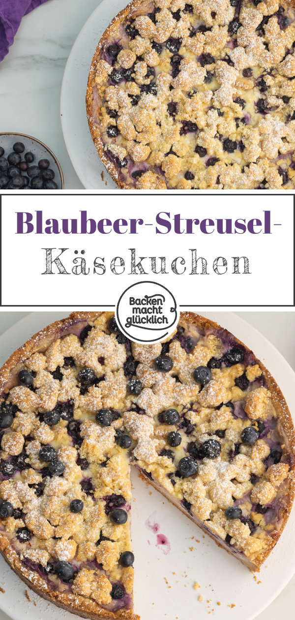 Sommerlicher Käsekuchen mit Blaubeeren bzw. Heidelbeeren: Kommt immer gut an! Nur ein Teig für Boden und Streusel.