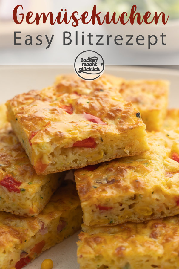 Einfacher schneller Gemüsekuchen vom Blech. Nur 15 Minuten Aufwand, super variabel, schmeckt kalt & warm. Dieses Rezept müsst ihr testen!