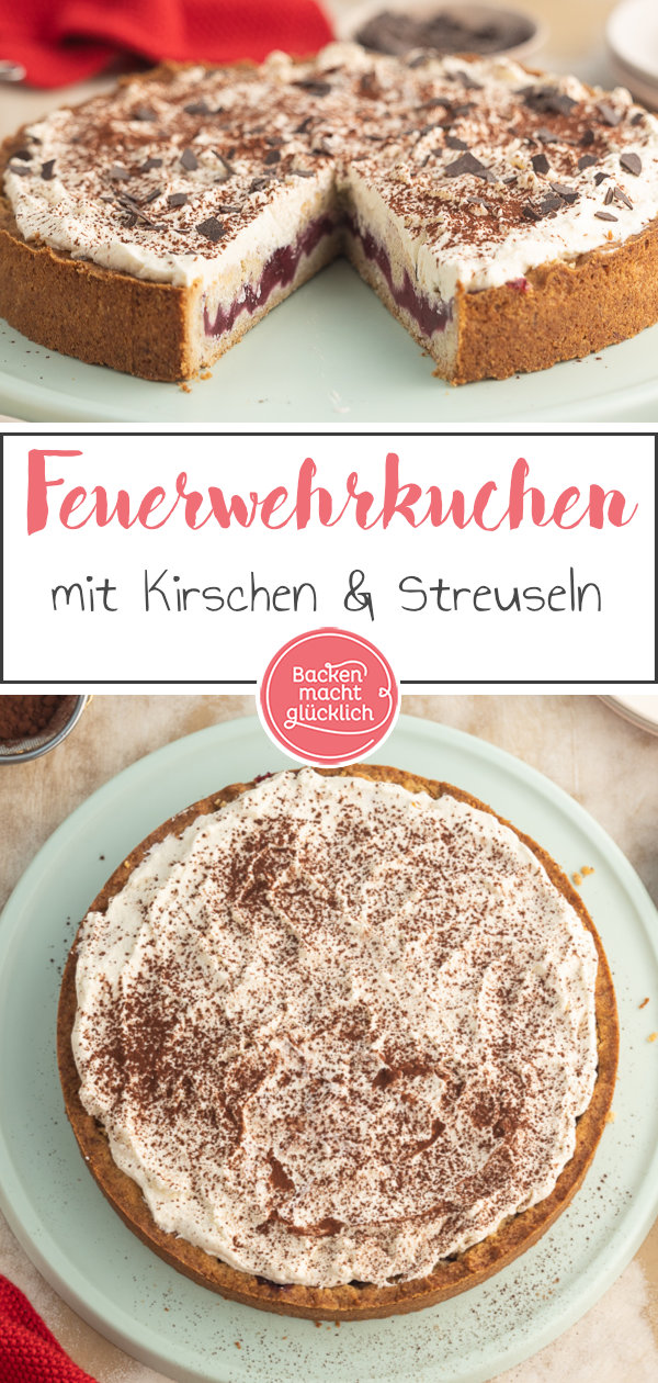 Dieser Feuerwehrkuchen kommt immer gut an! Die perfekte Kombi aus saftigem Teig, Kirsch-Puddingfüllung, Streuseln und Sahnehaube.