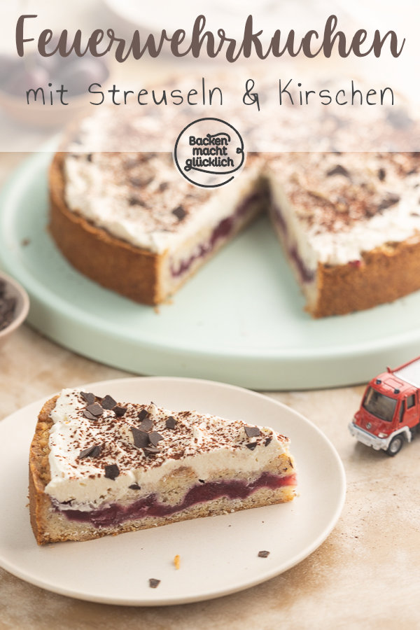 Dieser Feuerwehrkuchen kommt immer gut an! Die perfekte Kombi aus saftigem Teig, Kirsch-Puddingfüllung, Streuseln und Sahnehaube.